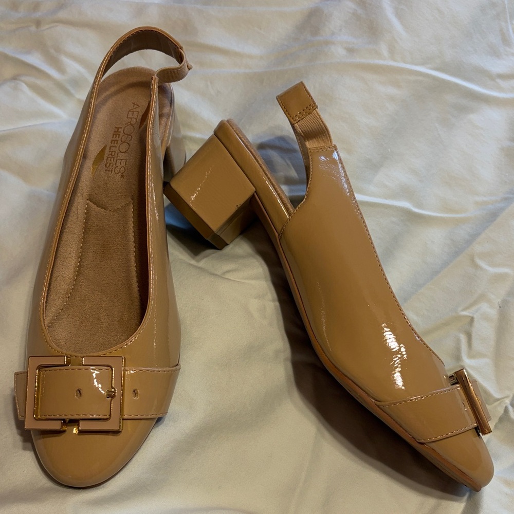 Beige Block Heel Slingback Shoes